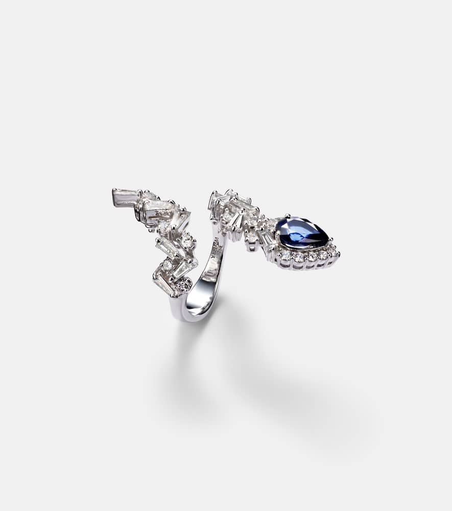 Yeprem Reign Supreme 18kt White Gold Ring With Diamonds And Sapphire In Silver