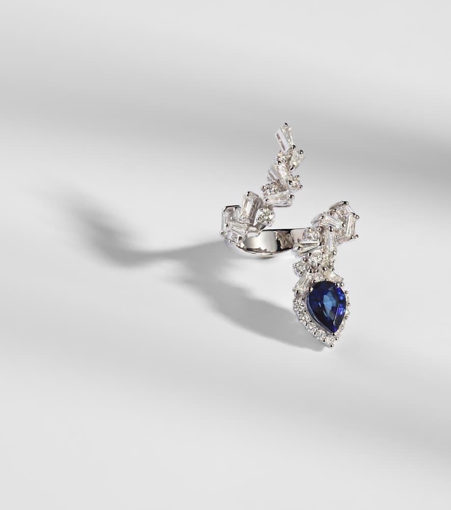 Yeprem Reign Supreme 18kt White Gold Ring With Diamonds And Sapphire In Silver