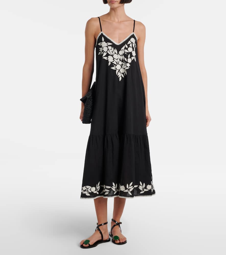Juliet Dunn Embroidered Cotton And Linen Midi Dress In Black