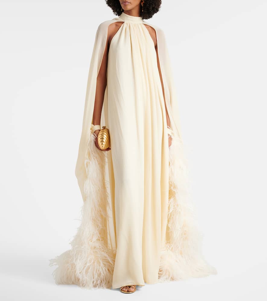 Taller Marmo Feather-trimmed Silk Gown In Neutral