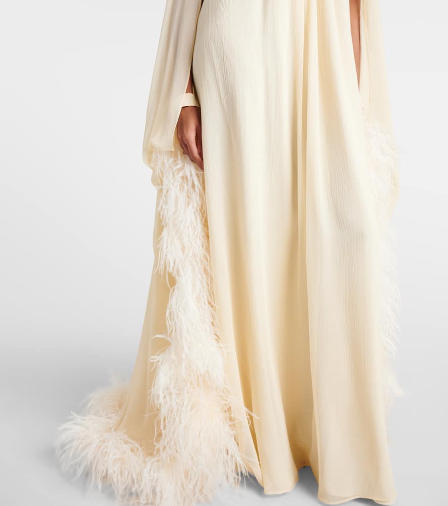 Taller Marmo Feather-trimmed Silk Gown In Neutral