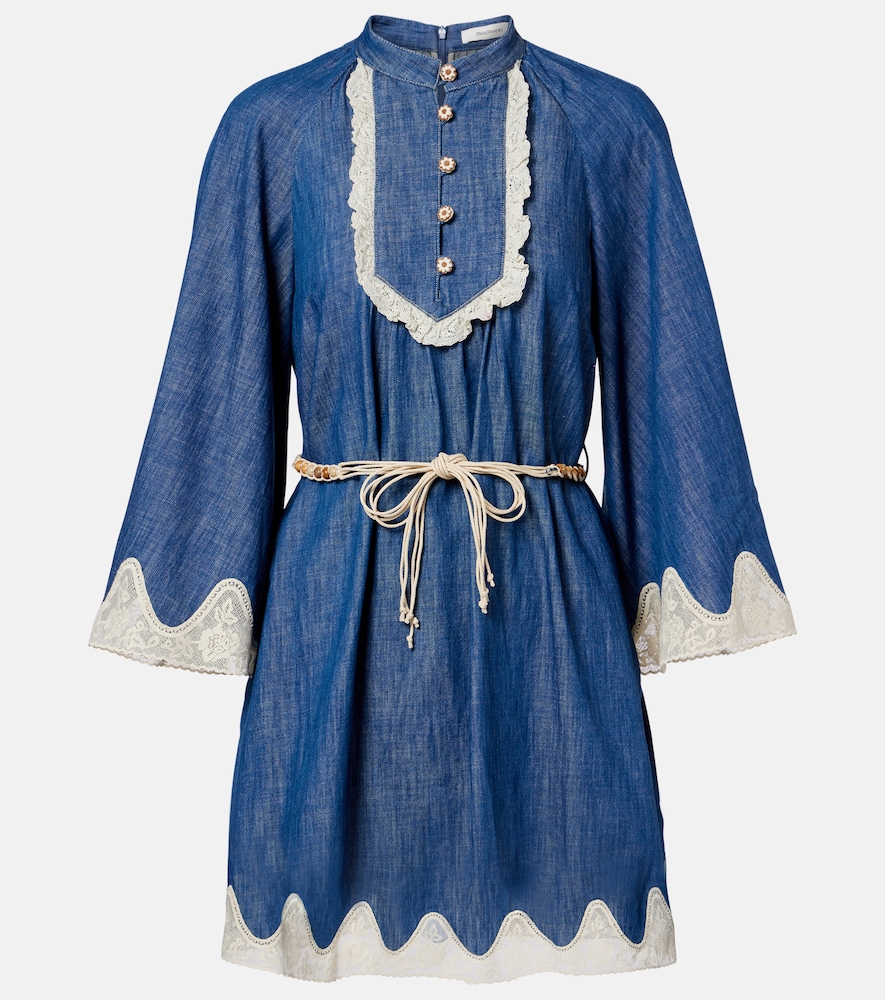 Zimmermann Awaken belted lace-trimmed denim minidress