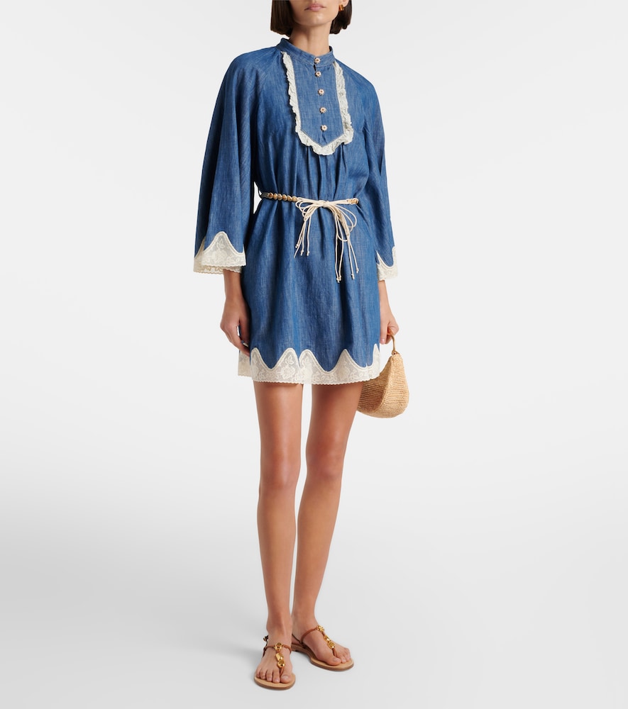 Awaken Belted Lace-Trimmed Denim Minidress