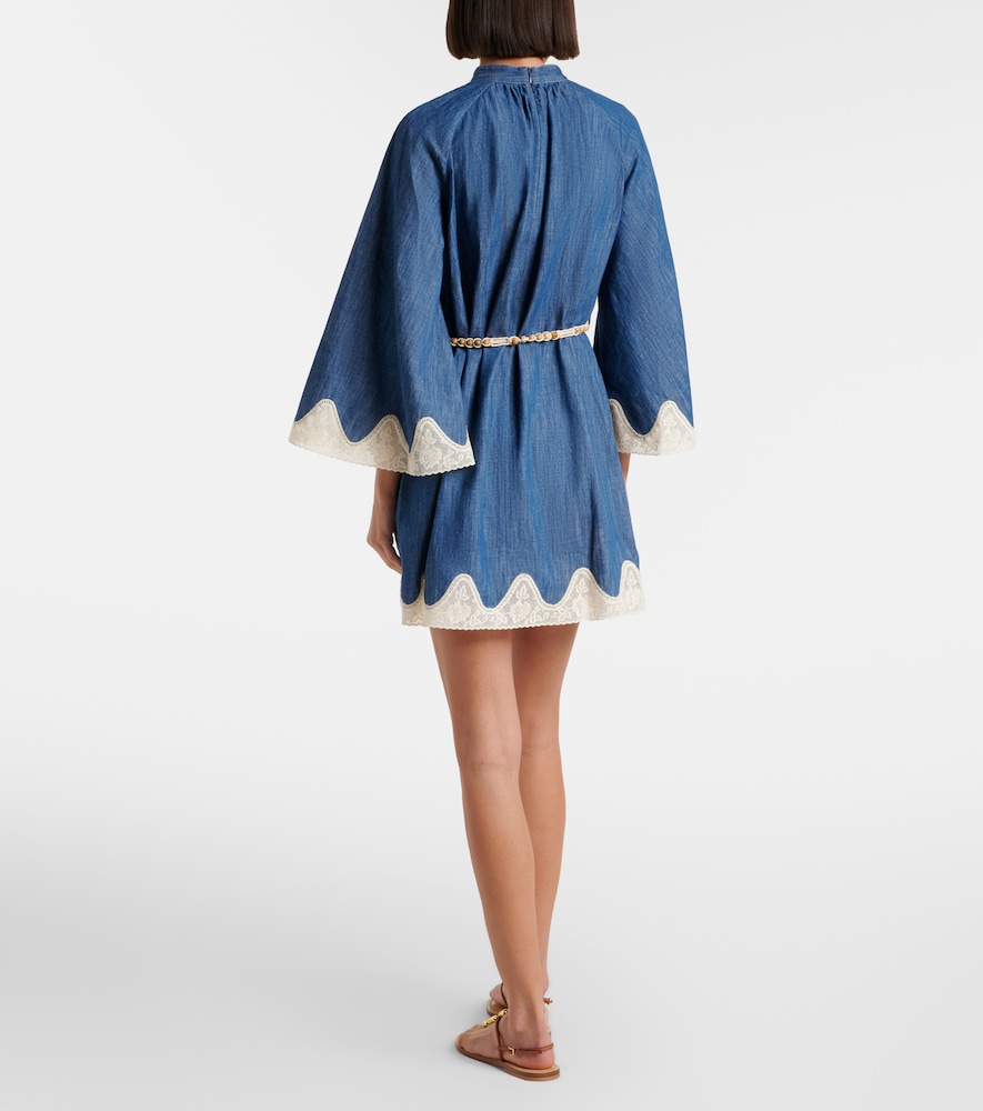 Awaken Belted Lace-Trimmed Denim Minidress