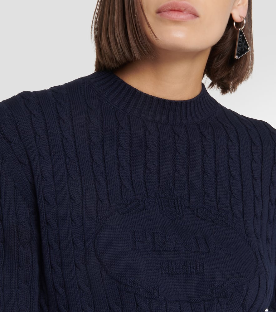 Prada Logo Cotton Cable-knit Sweater In Blue