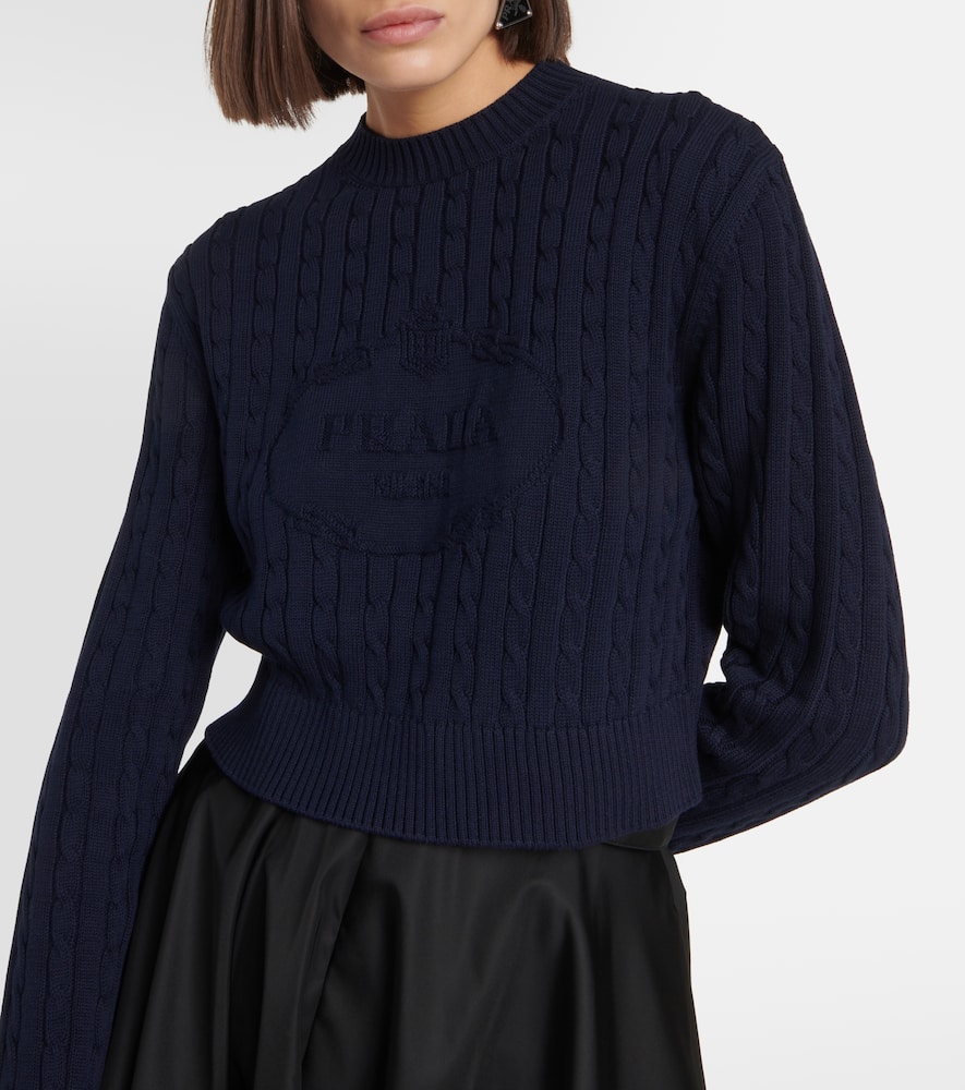 Prada Logo Cotton Cable-knit Sweater In Blue