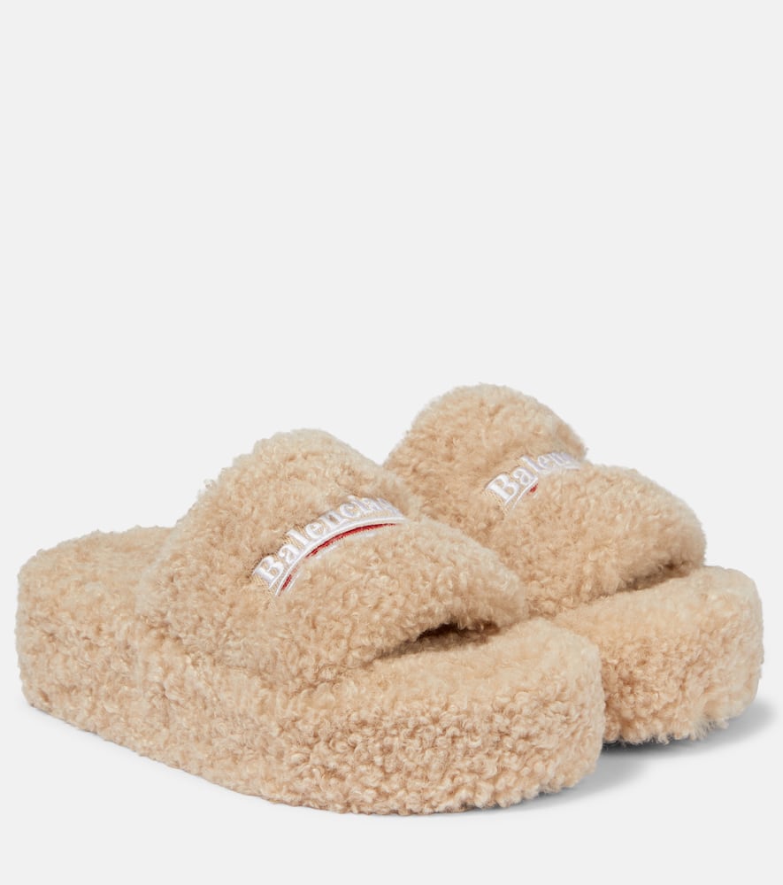 Logo faux shearling slides
