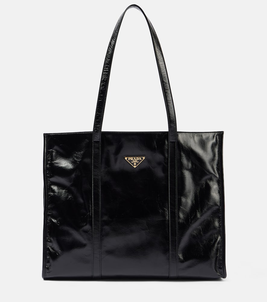 Prada Large Glossy Leather Tote Bag In Black