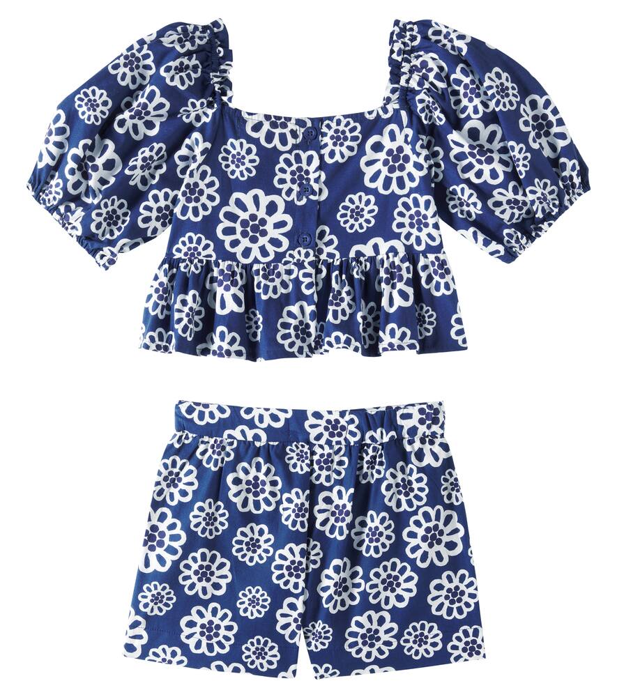 Fabula Floral Cotton Top And Shorts Set In Blau