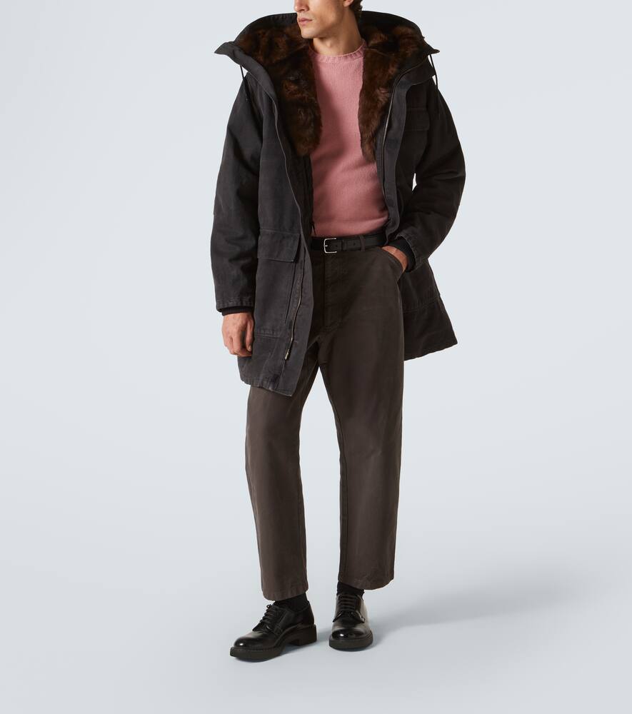Prada Leather-trimmed Cotton Straight Pants In Brown
