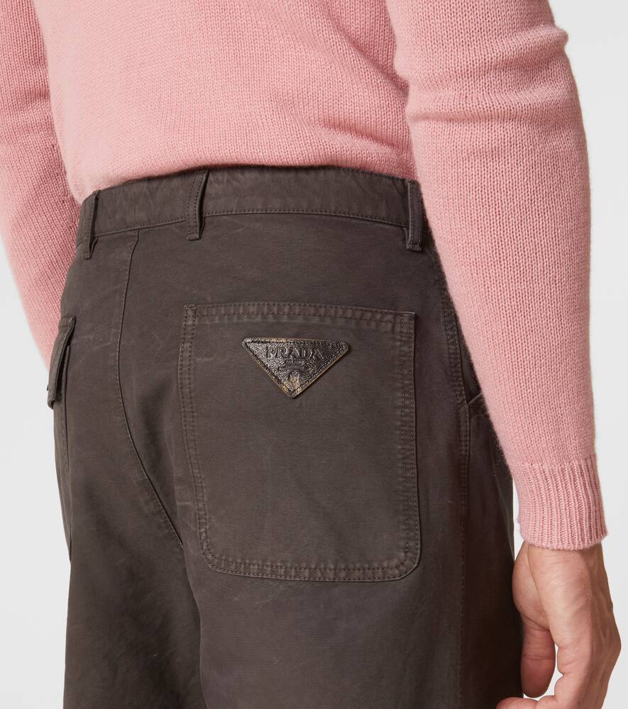 Prada Leather-trimmed Cotton Straight Pants In Brown
