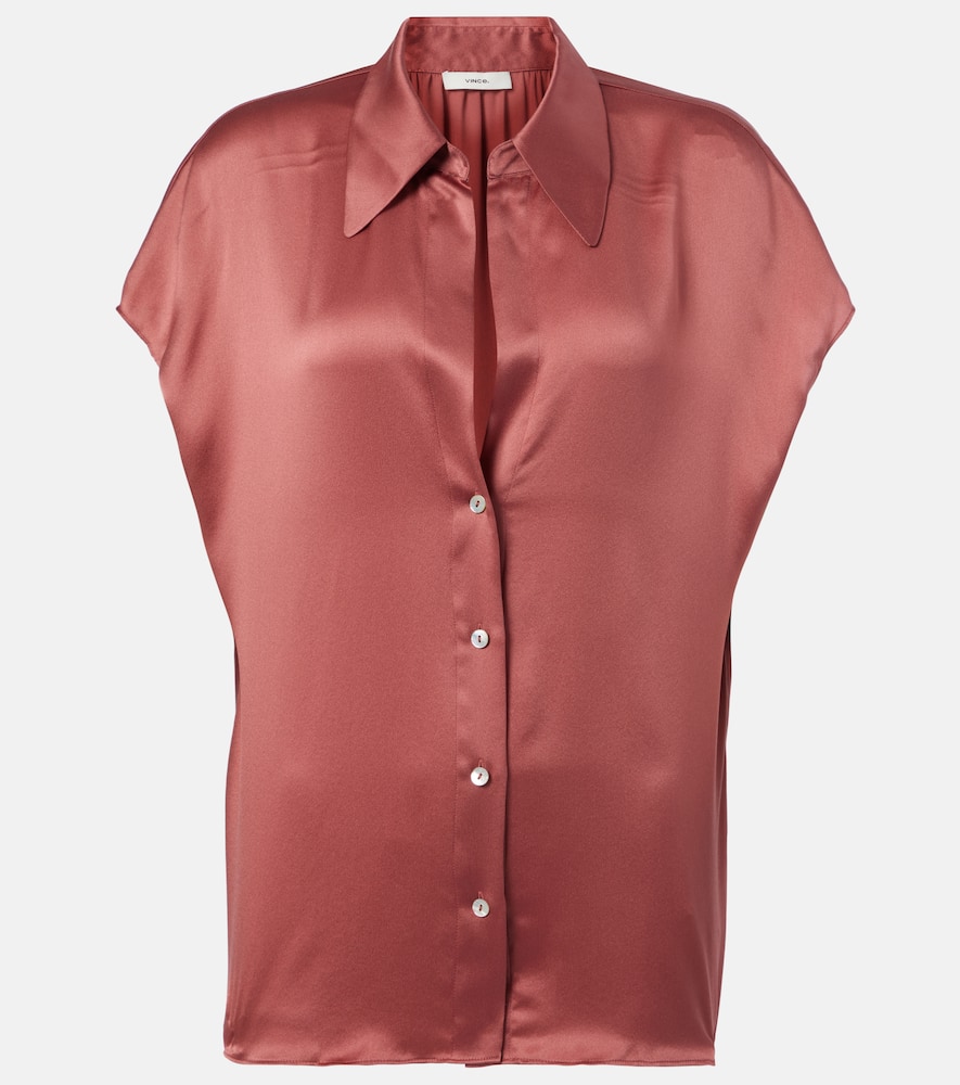Vince Cap Sleeve Gathered Back Short Sleeve Silk Button-up Shirt