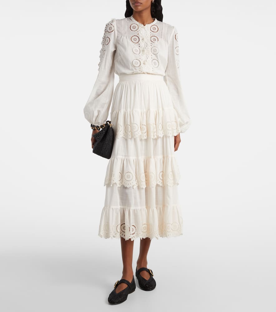 Zimmermann Women Ivory Embroidered Cotton Lucky Tiered Midi Skirt