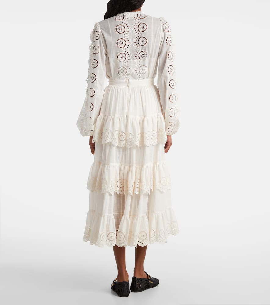 Zimmermann Women Ivory Embroidered Cotton Lucky Tiered Midi Skirt