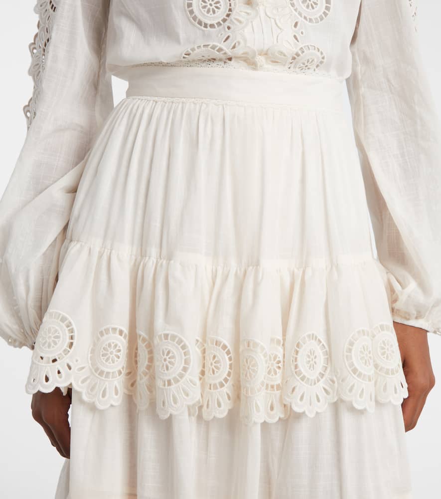 Zimmermann Women Ivory Embroidered Cotton Lucky Tiered Midi Skirt