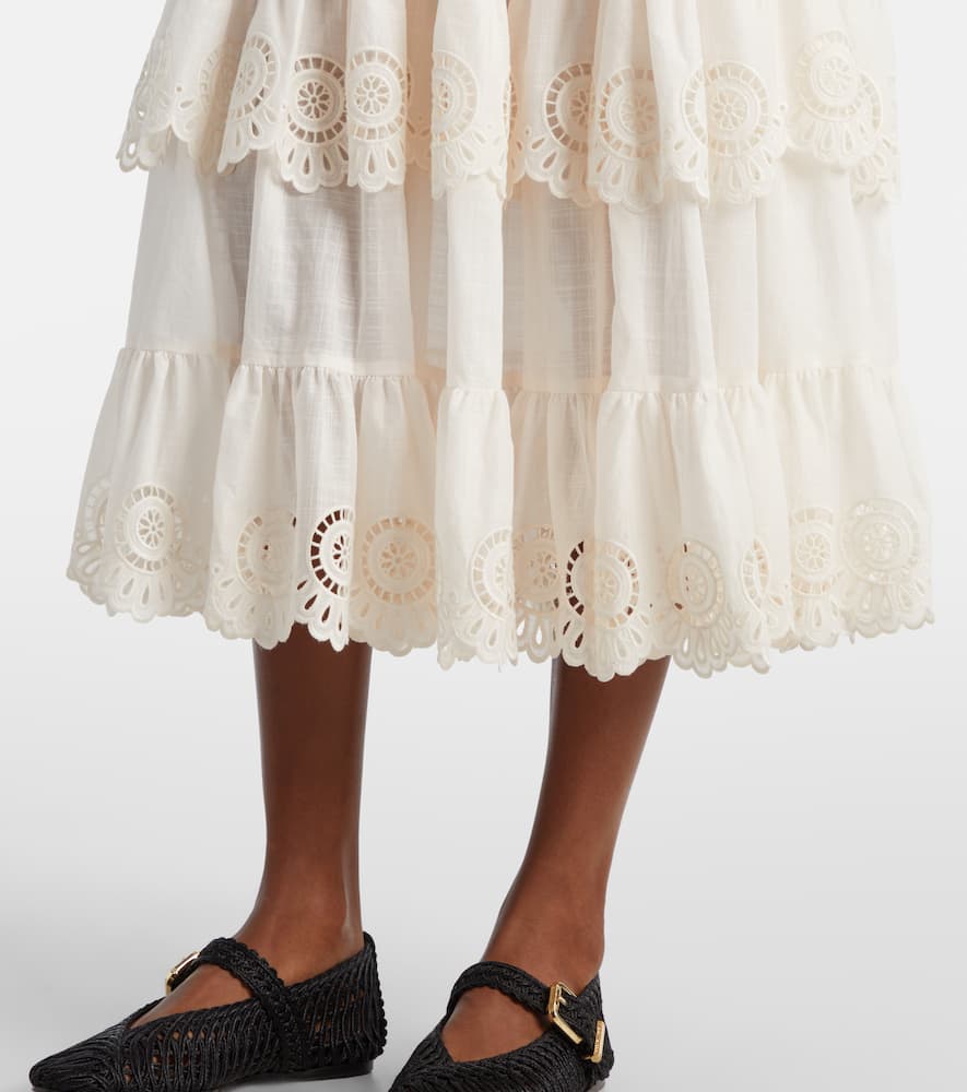 Zimmermann Women Ivory Embroidered Cotton Lucky Tiered Midi Skirt