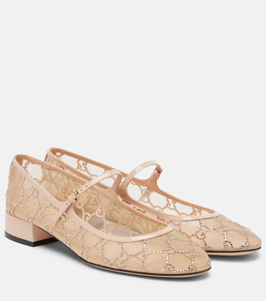 Gucci Charline Gg Mesh Mary Jane Flats In Sand