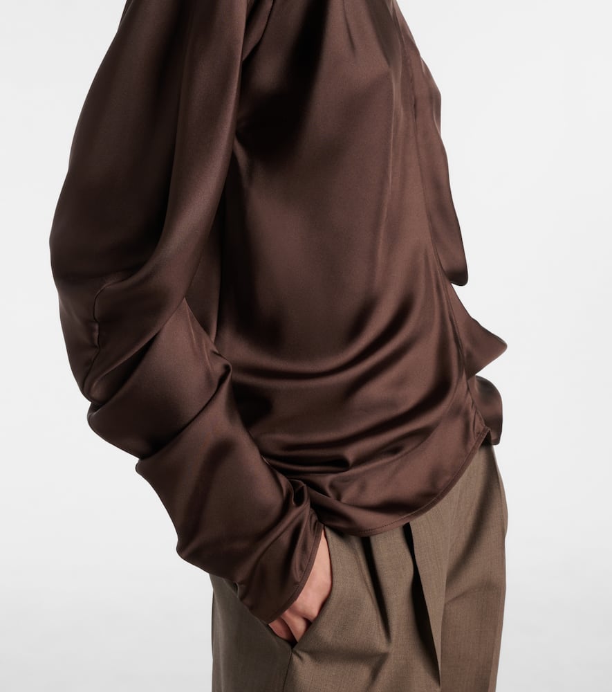 The Row Draped Long Sleeve High Neck Blouse In Brown
