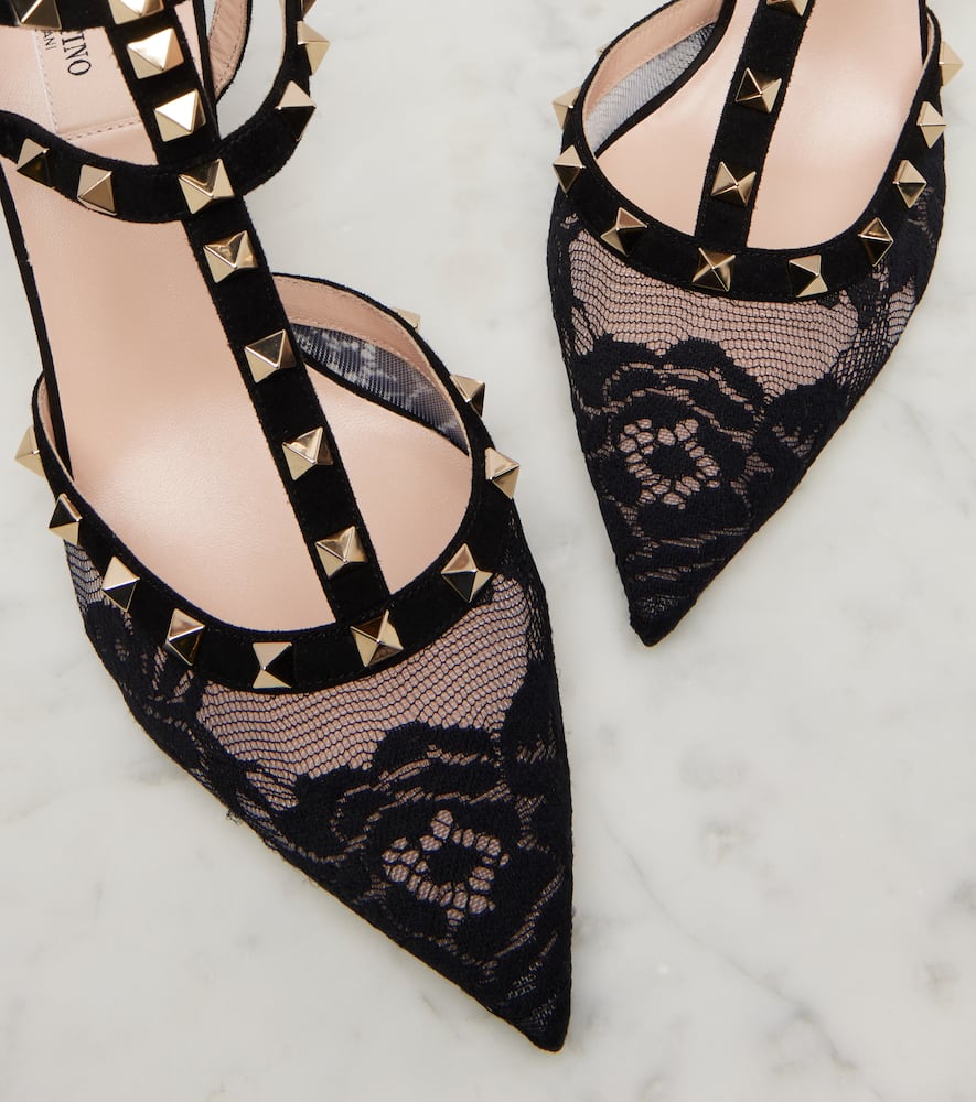 Valentino Rockstud Lace And Suede Pumps In Black