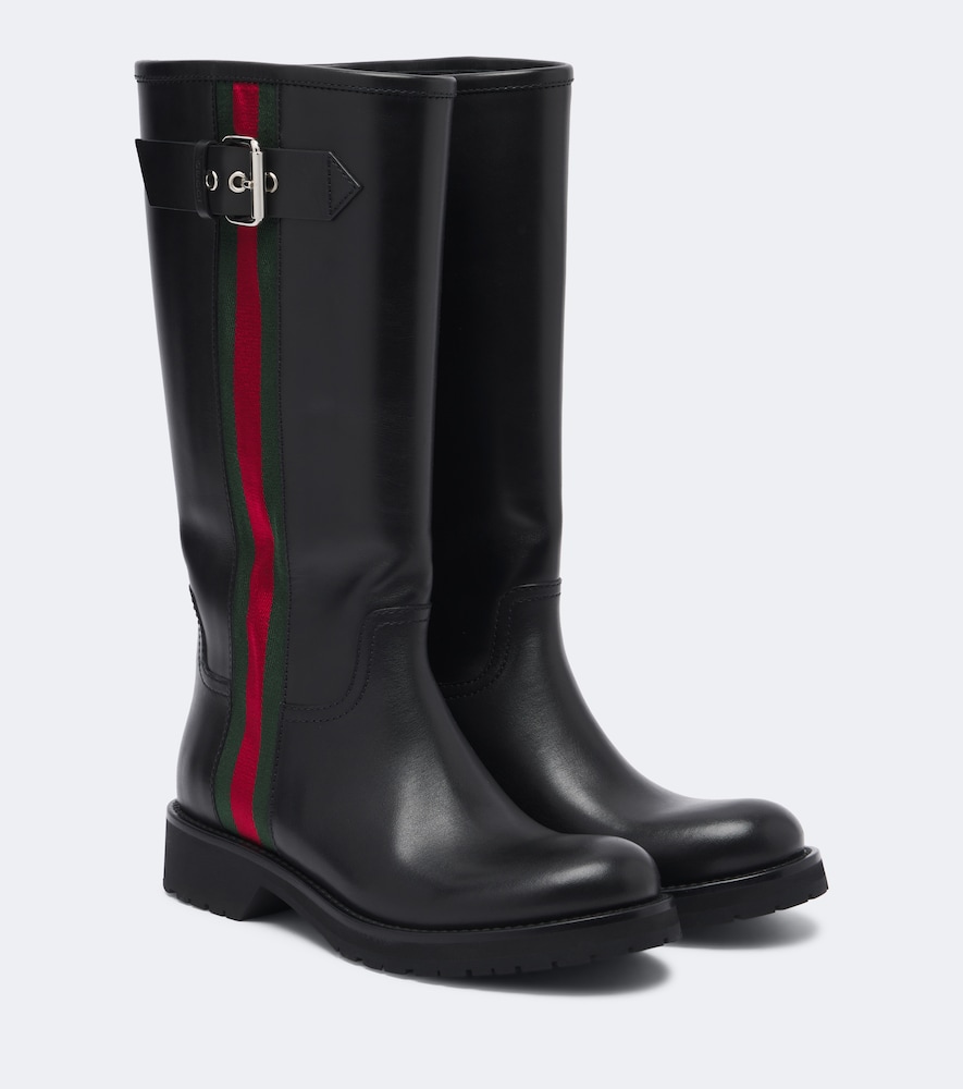 Gucci Web Stripe Leather Biker Boots In Black