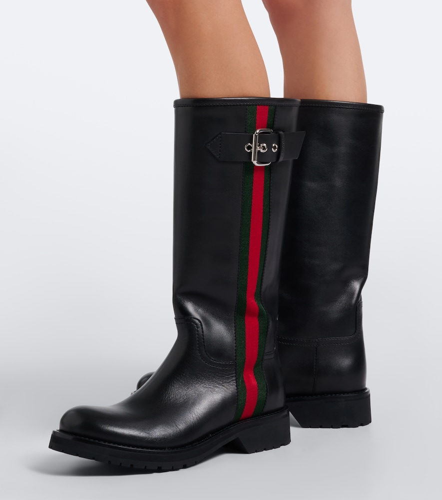 Gucci Web Stripe Leather Biker Boots In Black