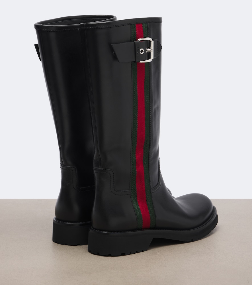 Gucci Web Stripe Leather Biker Boots In Black