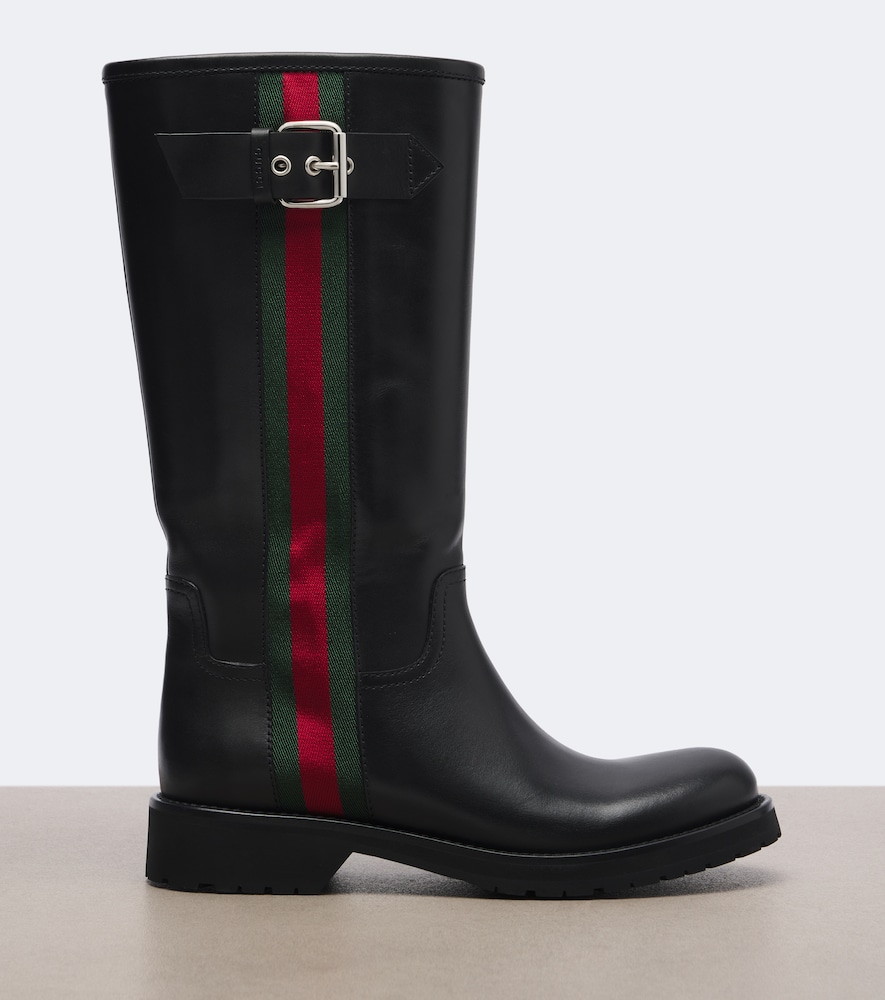 Gucci Web Stripe Leather Biker Boots In Black