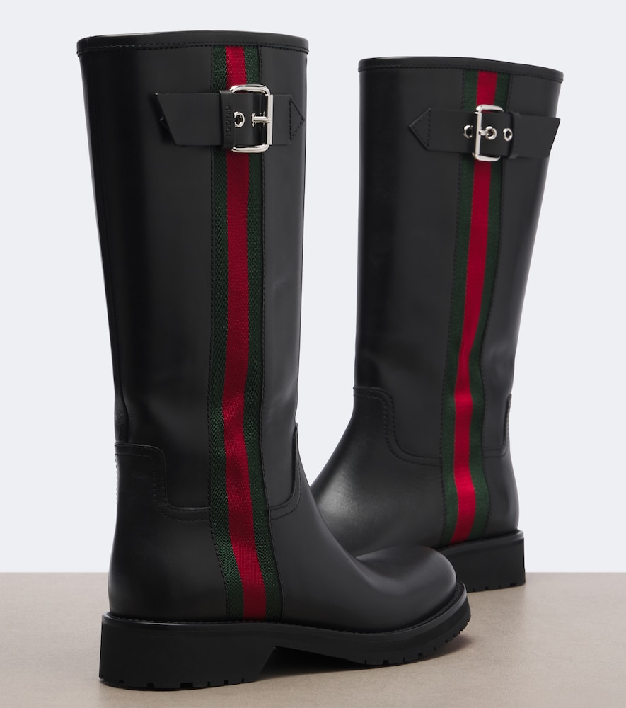 Gucci Web Stripe Leather Biker Boots In Black
