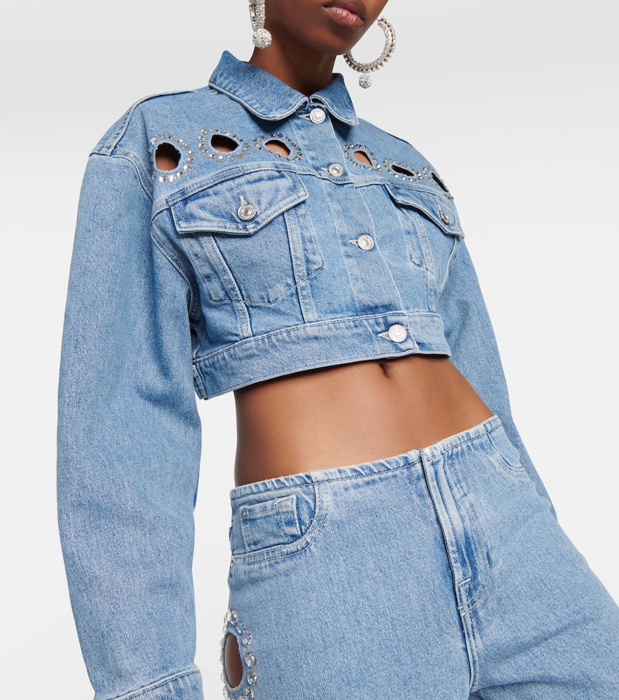 Shop 7 For All Mankind Babe Embellished Cropped Denim Jacket In Blue