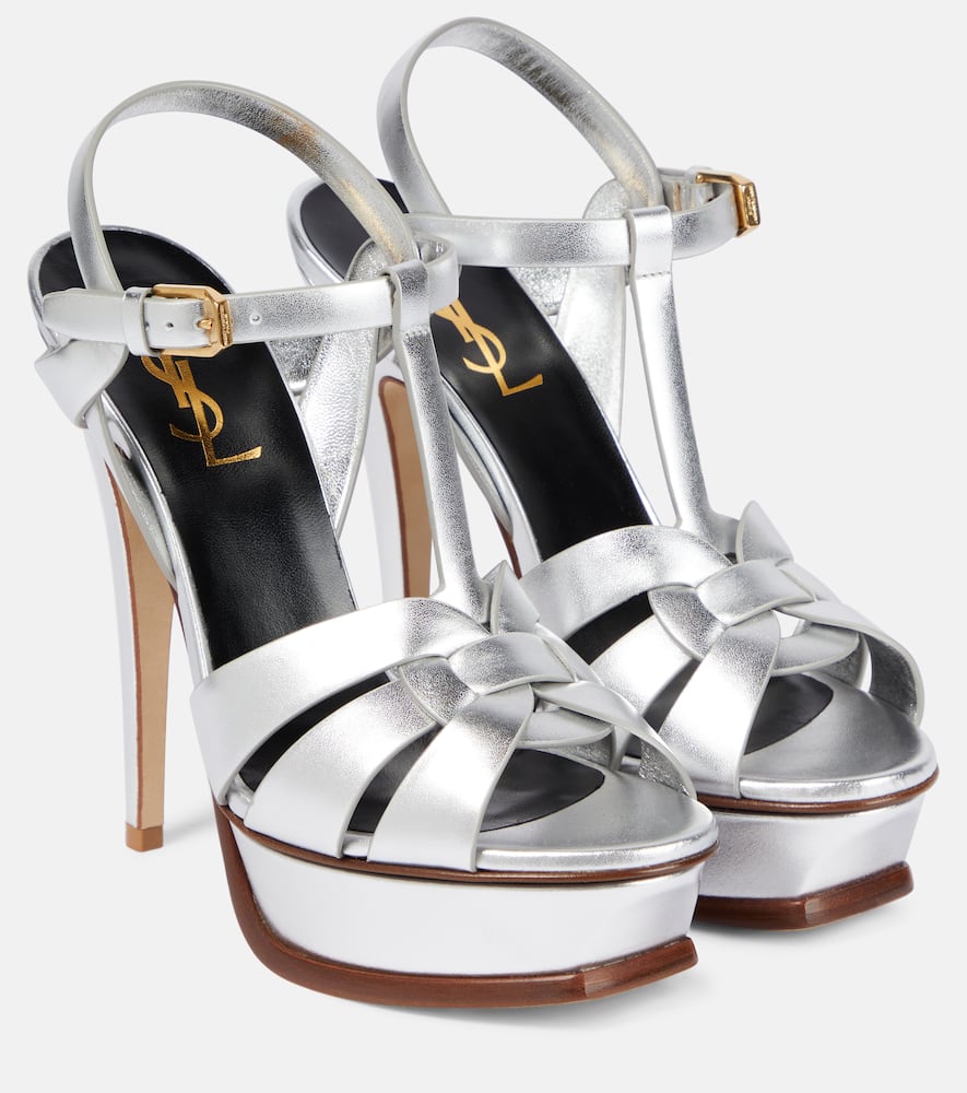 Saint Laurent Tribute 105 Metallic Leather Platform Sandal In Argento