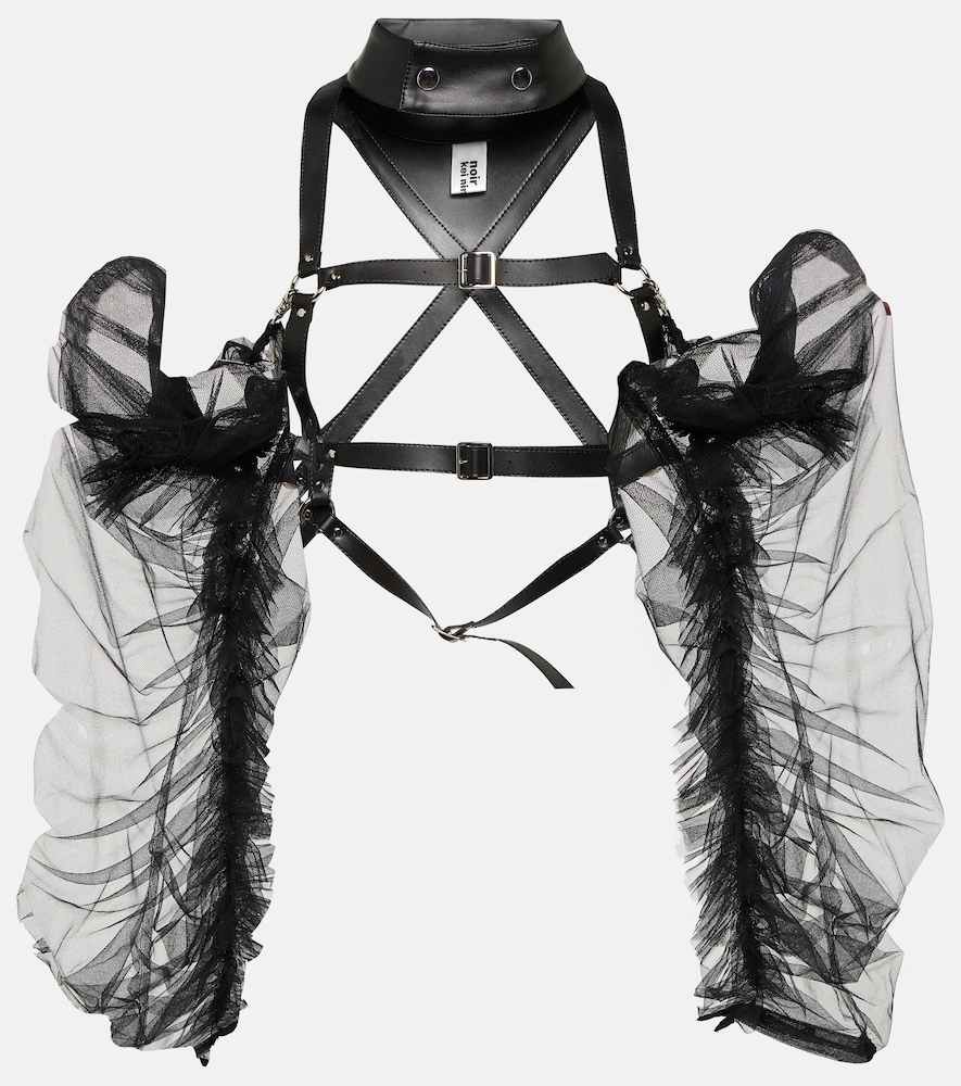 Noir Kei Ninomiya Tulle-trimmed Faux Leather Top In Black | ModeSens
