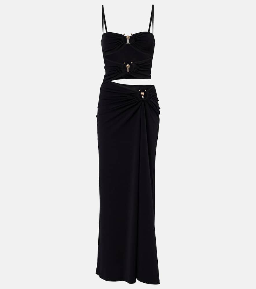 Christopher Esber Womens Black Ruched Orbit Slit Stretch-jersey Maxi Dress