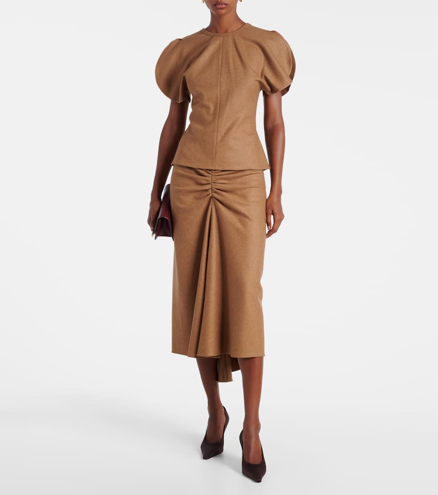 Victoria Beckham Gathered Wool And Cashmere Midi Skirt In Brown