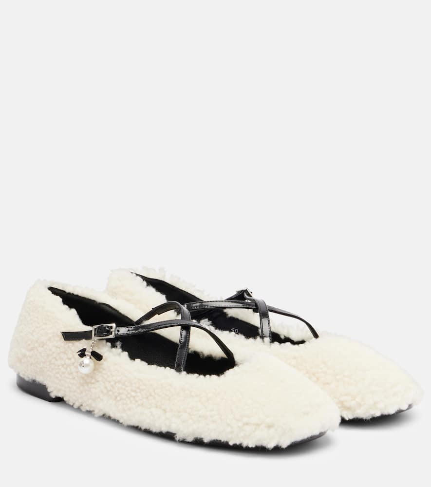 Jimmy Choo Shearling Cross-strap Ballerina Flats In White