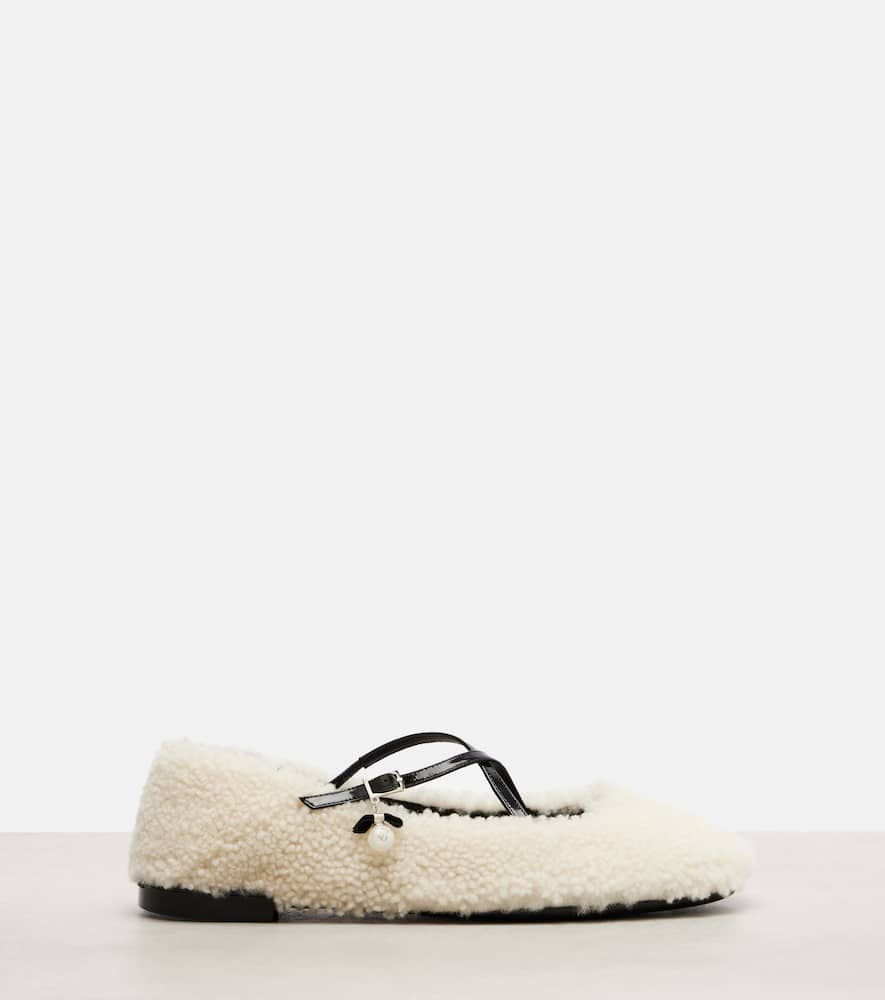 Jimmy Choo Shearling Cross-strap Ballerina Flats In White
