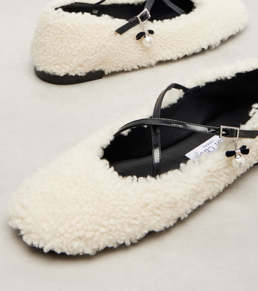 Jimmy Choo Shearling Cross-strap Ballerina Flats In White