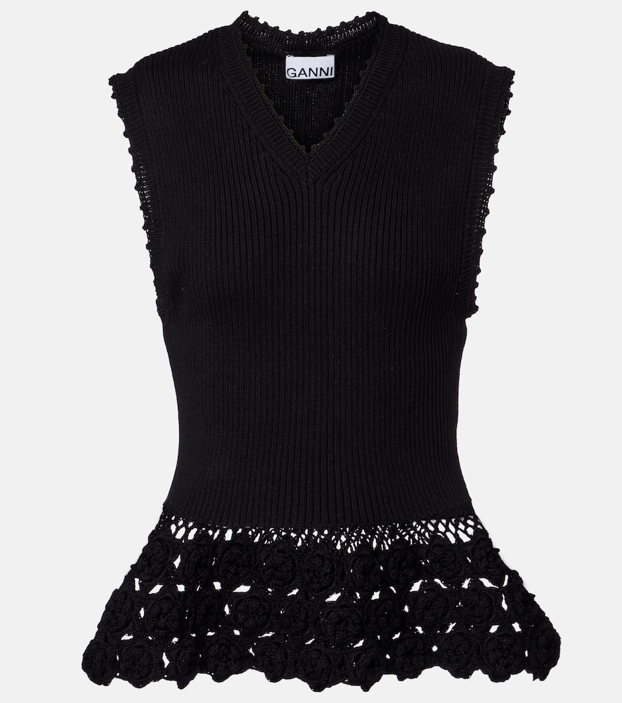 Ganni Women's Black Crochet-Trimmed Ribbed Cotton-Blend Top UK Size 16 - Mytheresa