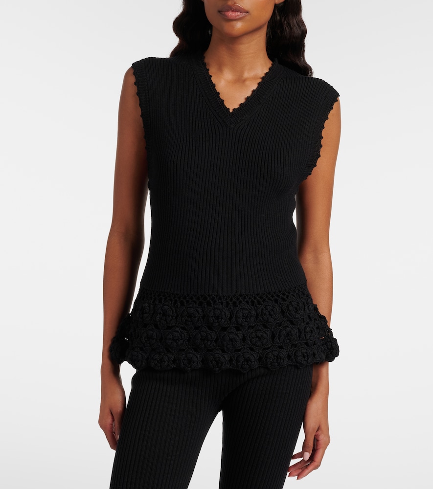 Ganni Crochet-trimmed ribbed cotton-blend top