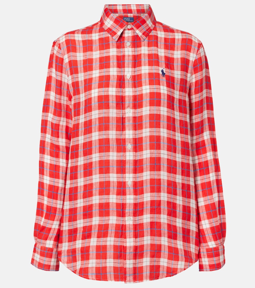 Polo Ralph Lauren Women's Red Plaid Linen Shirt Uk Size 10