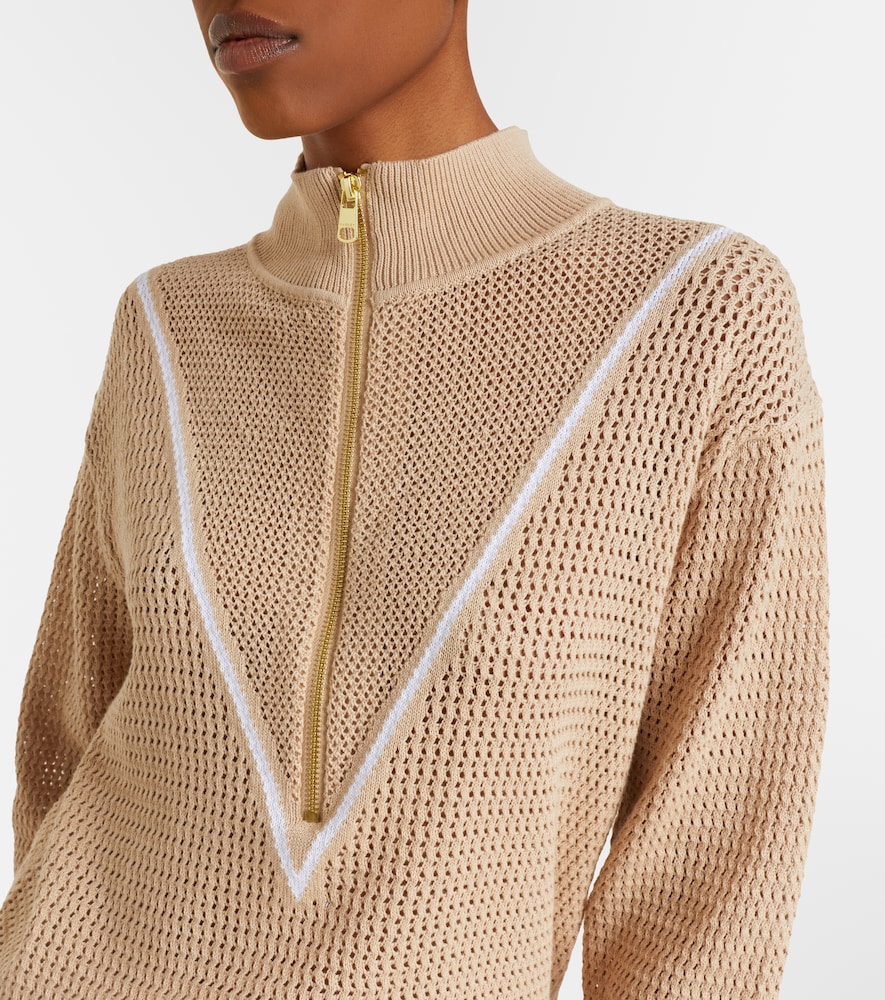 Calva Open-Knit Cotton Half-Zip Sweater