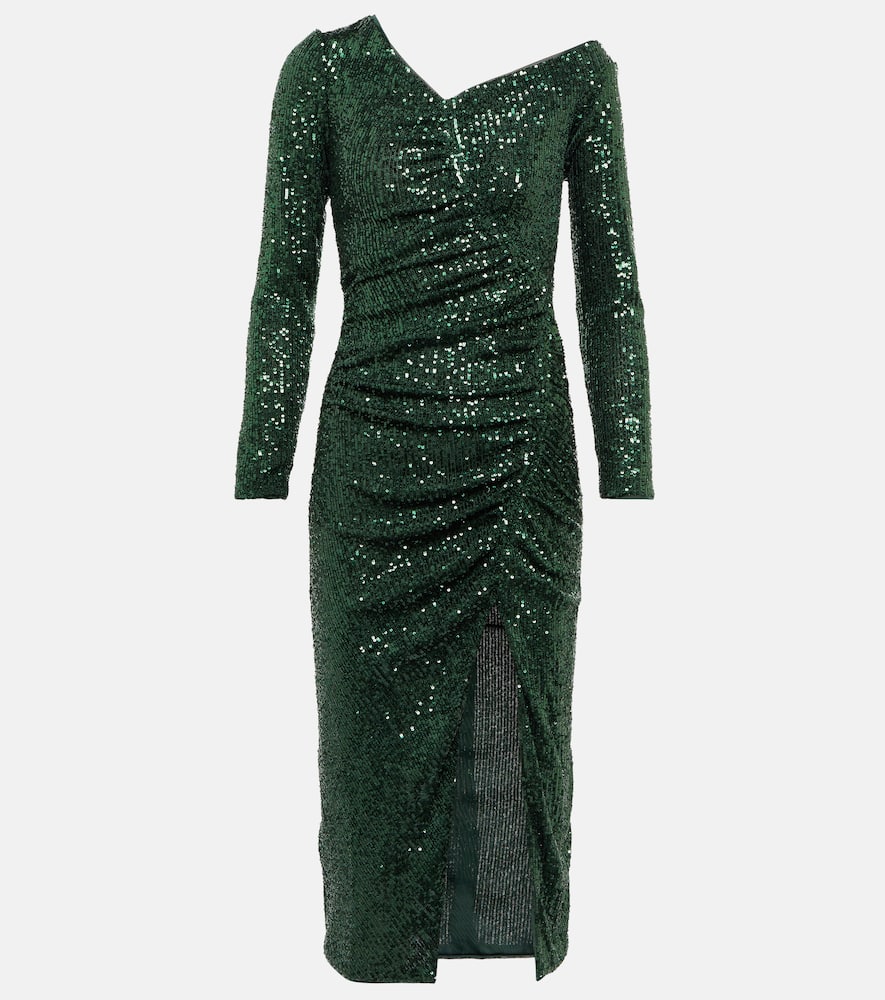 Self-portrait Off-the-shoulder Asymmetric Sequinned Dress In Green