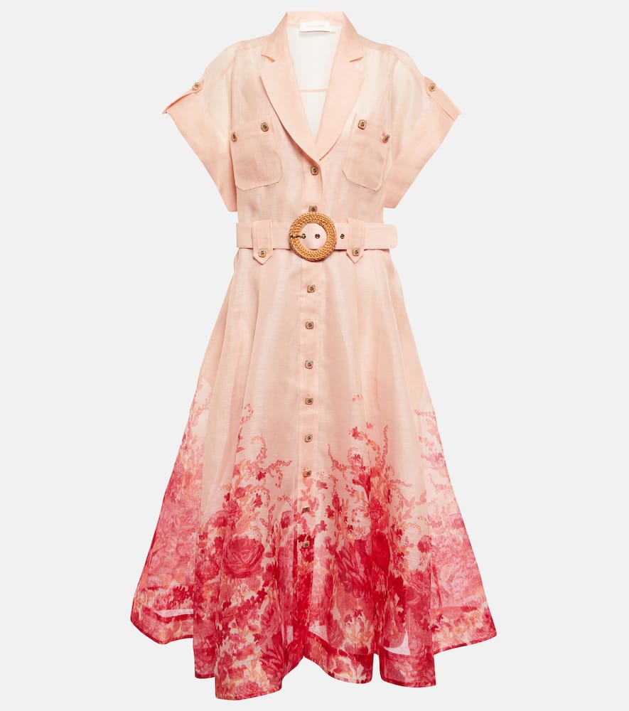 Zimmermann High Tide Belted Floral-print Linen And Silk-blend Midi Dress In Pink Ikat Floral