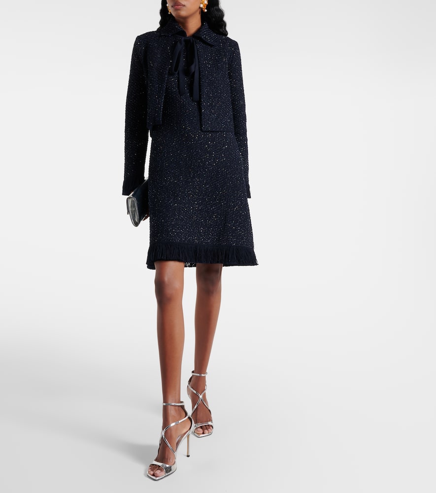 Oscar De La Renta Tweed Textured Sleeveless Fringed Mini Dress In Black