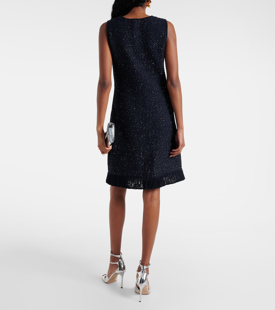 Oscar De La Renta Tweed Textured Sleeveless Fringed Mini Dress In Black