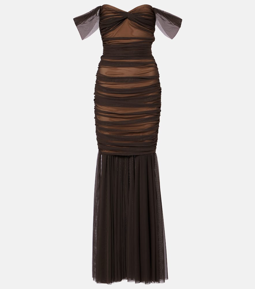 Norma Kamali Walter Ruched Mesh Gown In Brown