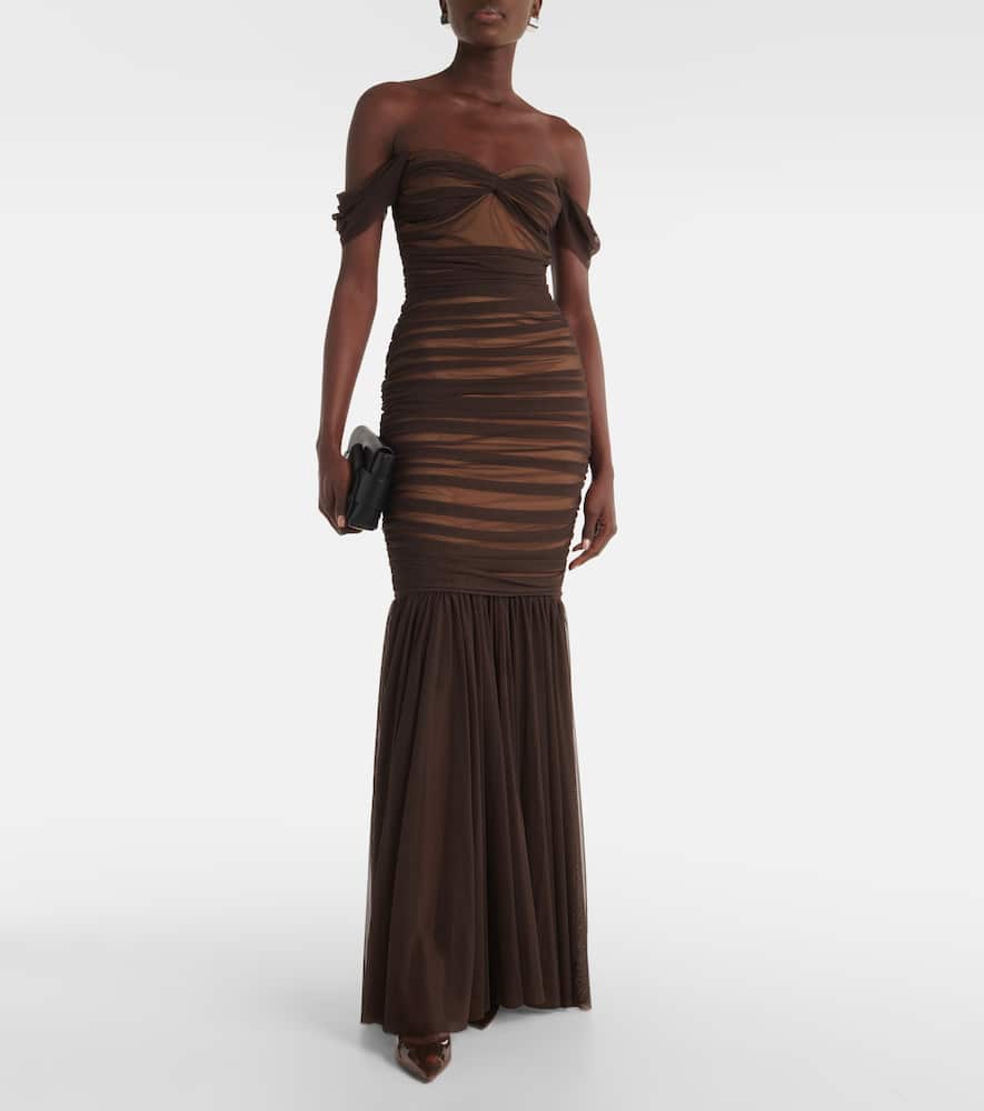 Norma Kamali Walter Ruched Mesh Gown In Brown