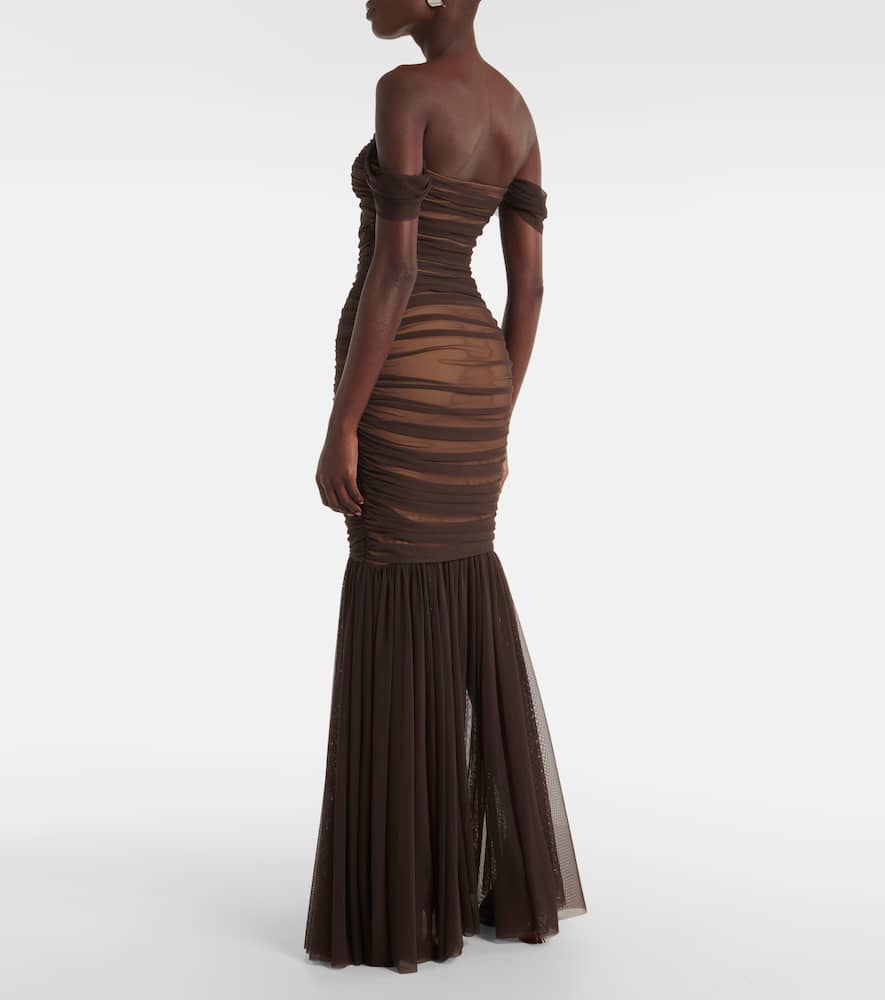 Norma Kamali Walter Ruched Mesh Gown In Brown