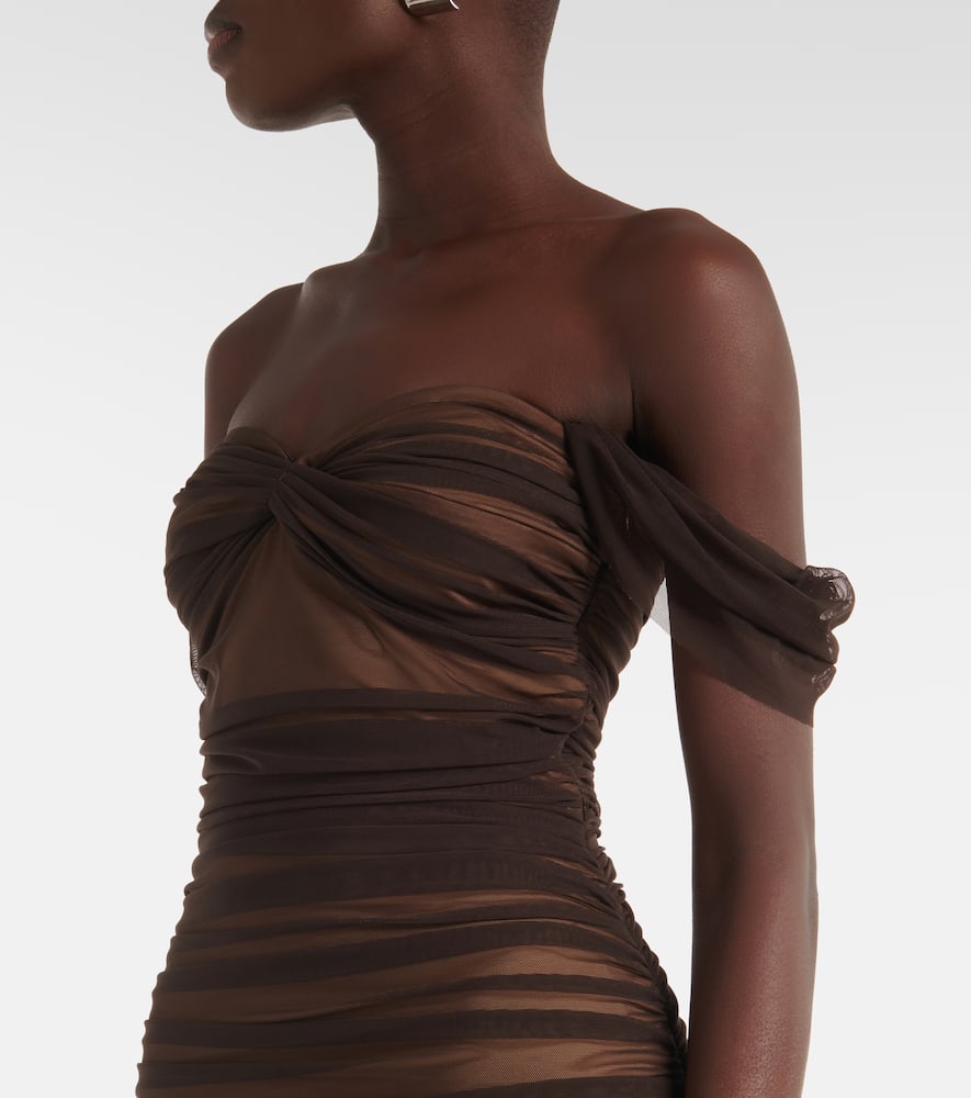 Norma Kamali Walter Ruched Mesh Gown In Brown