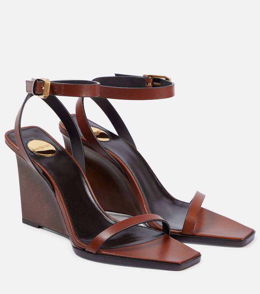 Saint Laurent 90mm May Leather Ankle-strap Wedge Sandals In Braun