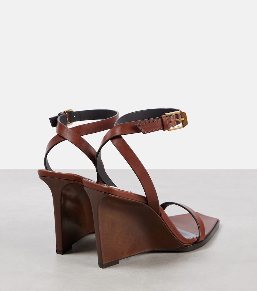 Saint Laurent 90mm May Leather Ankle-strap Wedge Sandals In Braun